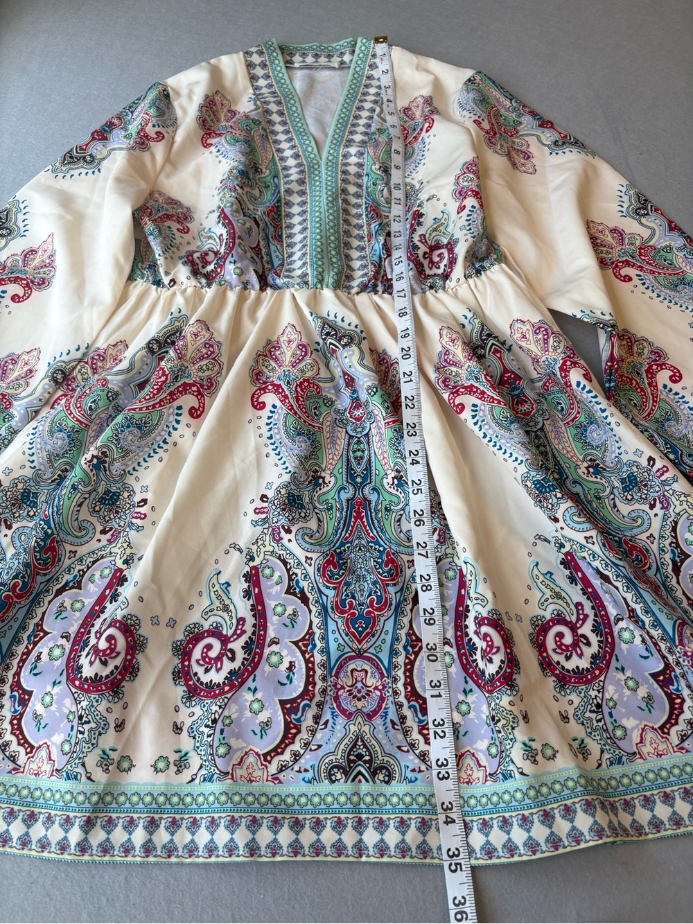 Boho Chic Paisley V-Neck Tunic Dress in Cream Teal Burgundy Goodnight Macaroon M - Picture 4 of 8